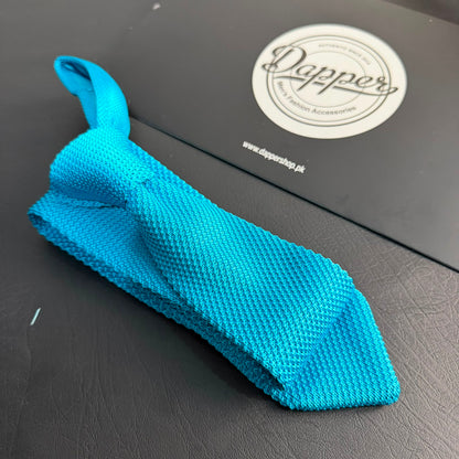 Premium Cyan Pointed Knitted Tie For Men (Bright Light Blue)