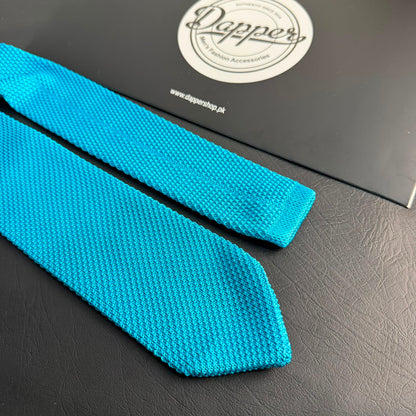 Premium Cyan Pointed Knitted Tie For Men (Bright Light Blue)