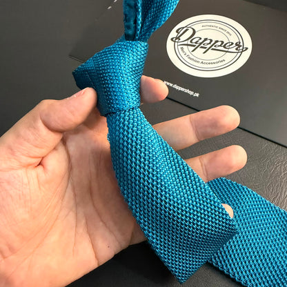 Premium Dark Turquoise Pointed Knitted Tie For Men (Teal Blue)