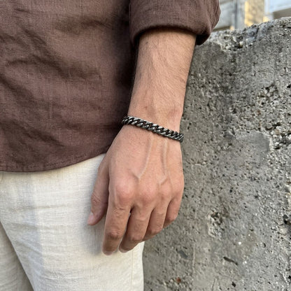 Antique Silver Curb Link Bracelet for Men: 10mm Brushed Stainless Steel