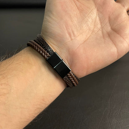 Brown Layered Braided Bracelet For Men