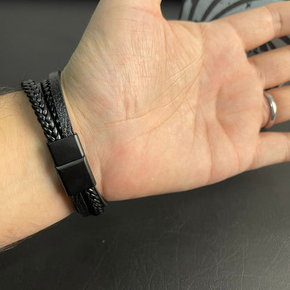 Black Layered Braided Bracelet For Men