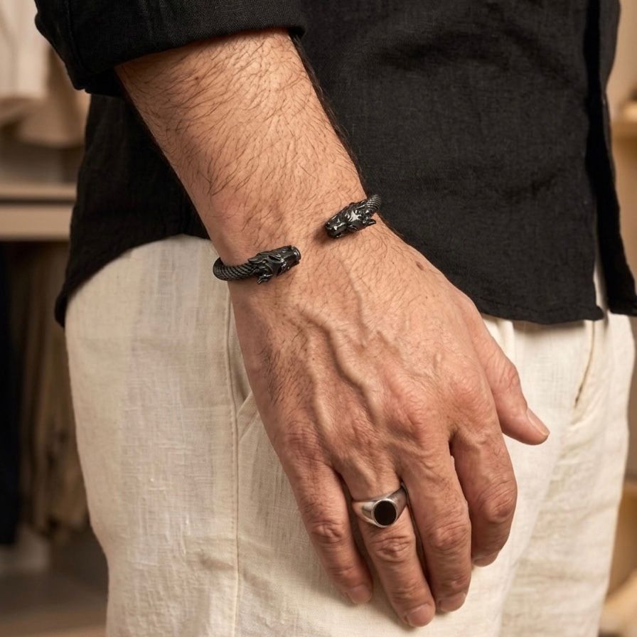 Black stainless steel dragon bracelet for men boys online in Pakistan