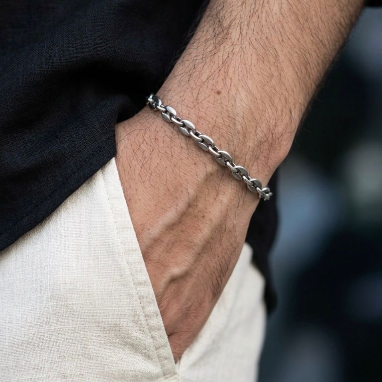 antique silver cofee beans link chain bracelet for men online in Pakistan