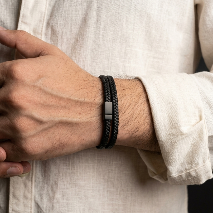 black braided leather bracelet for men in Pakistan