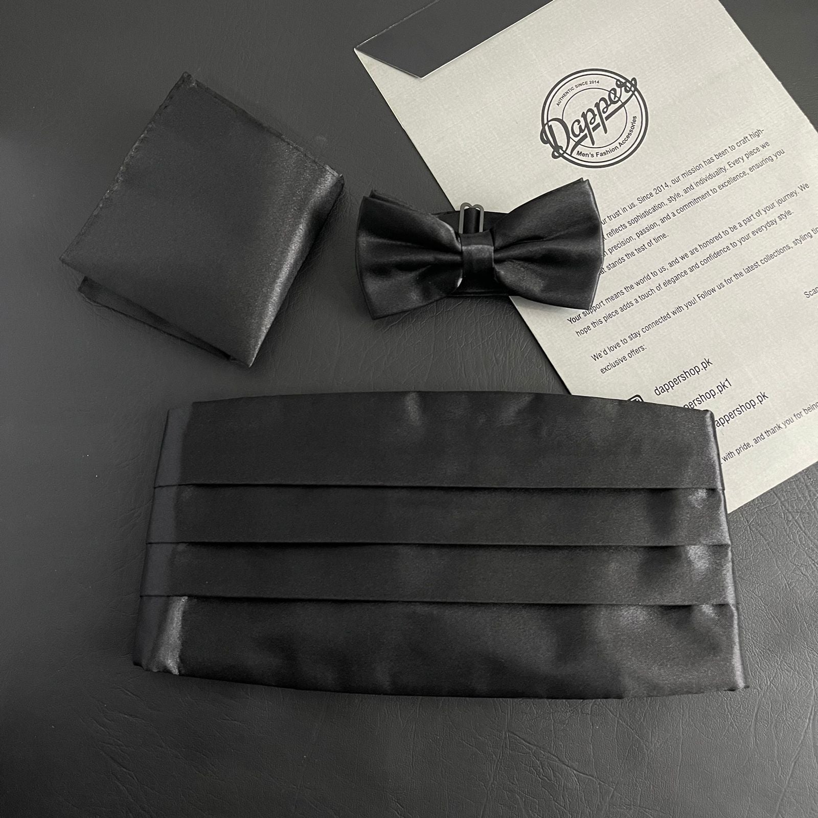 black cummerbund with bow tie and pocket square for tuxedo online in Pakistan