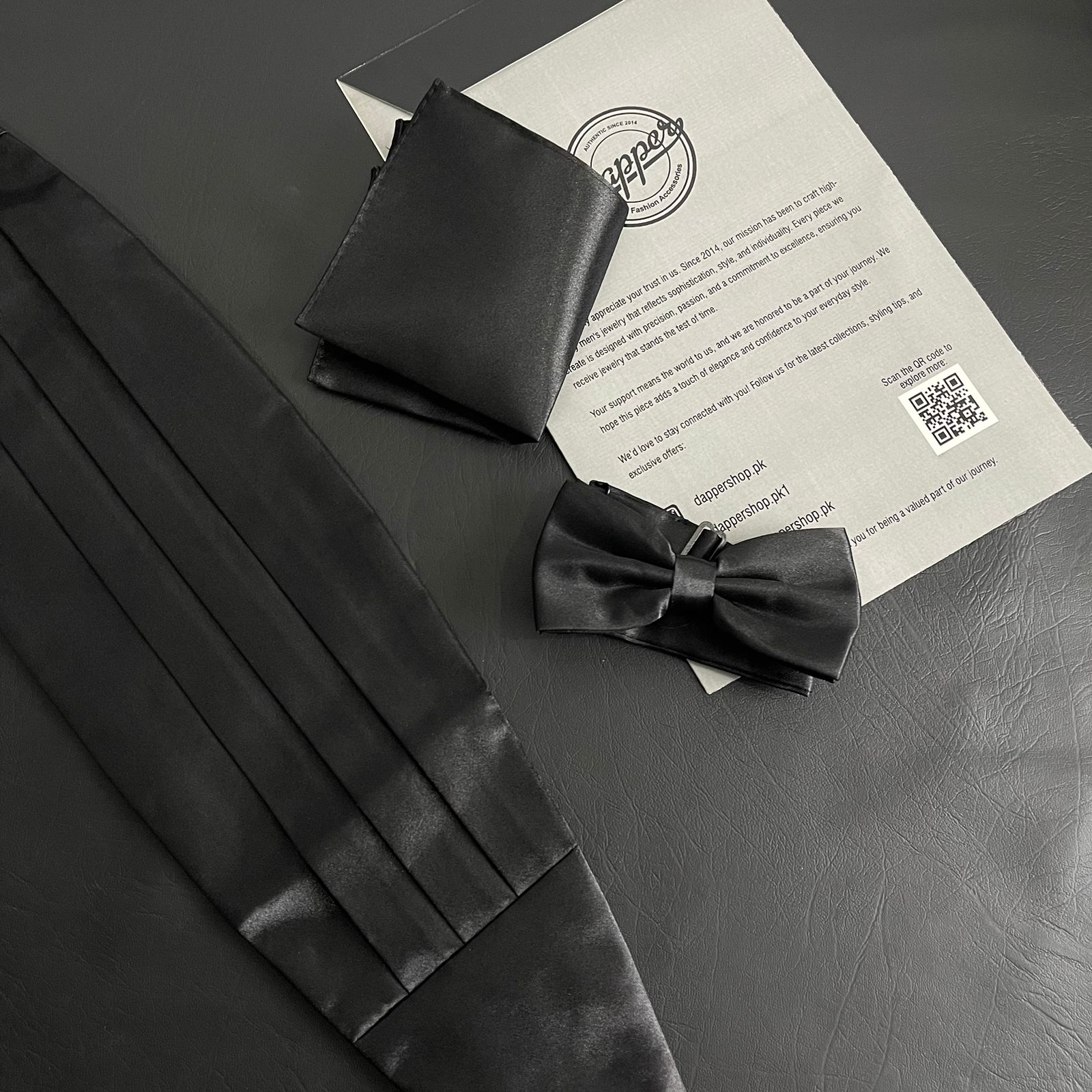 black cummerbund with bow tie and pocket square for tuxedo online in Pakistan