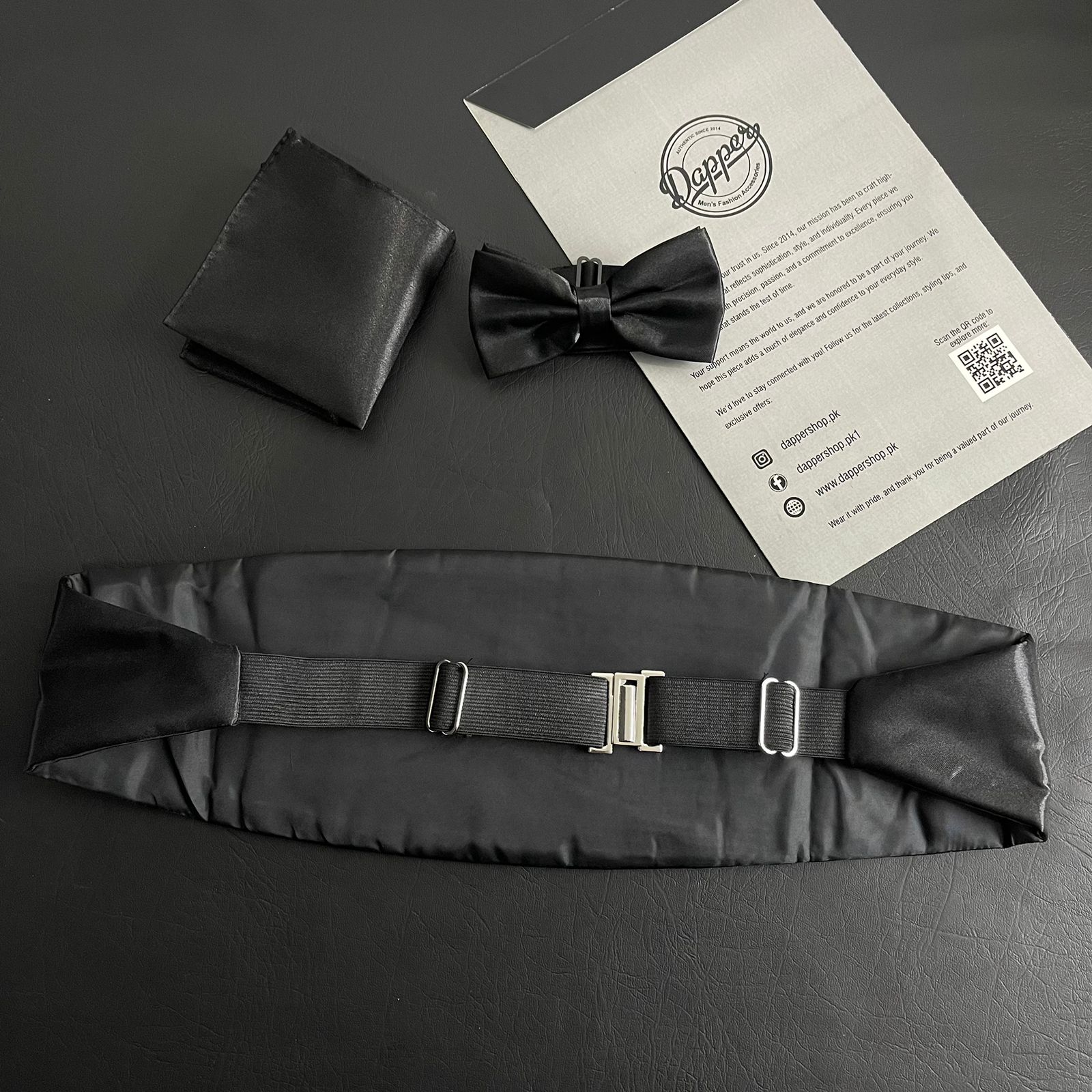 black cummerbund with bow tie and pocket square for tuxedo online in Pakistan