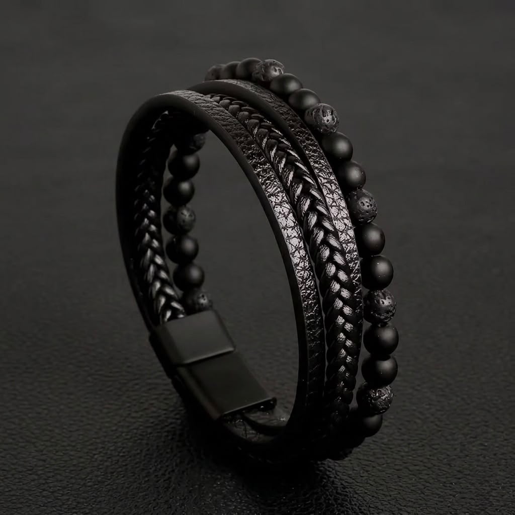 black layered lava beads leather bracelet for men in Pakistan