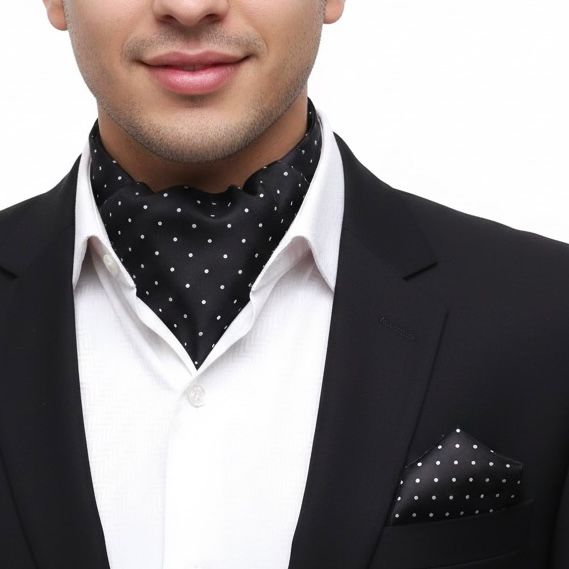 black polka dots cravat ascot tie & pocket square set online in Pakistan