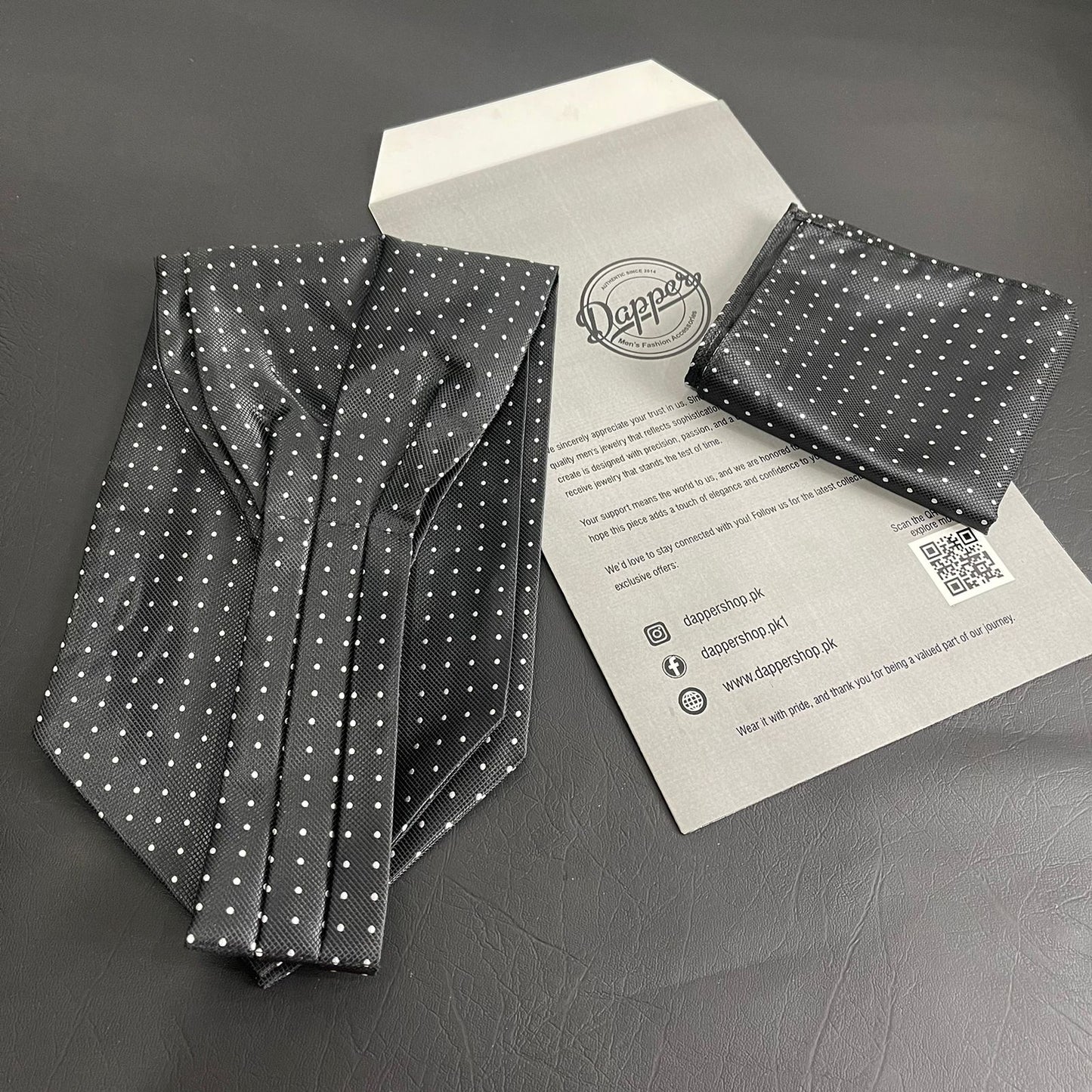 black polka dots cravat ascot tie & pocket square set online in Pakistan