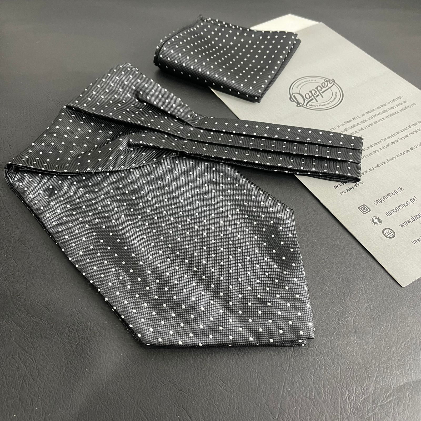 black polka dots cravat ascot tie & pocket square set online in Pakistan