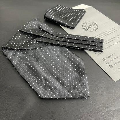 black polka dots cravat ascot tie & pocket square set online in Pakistan