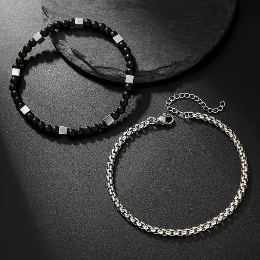 Men's Black Versatile Layering Bracelet Set