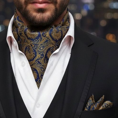 blue Paisley jacquard cravat ascot tie and pocket square set for men online in Pakistan