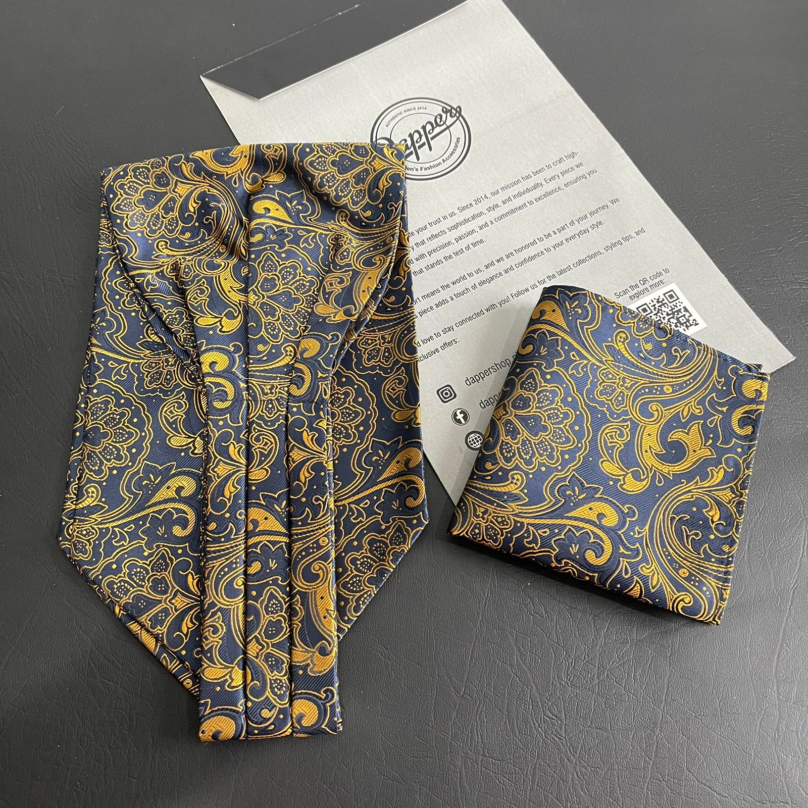 blue Paisley jacquard cravat ascot tie and pocket square set for men online in Pakistan