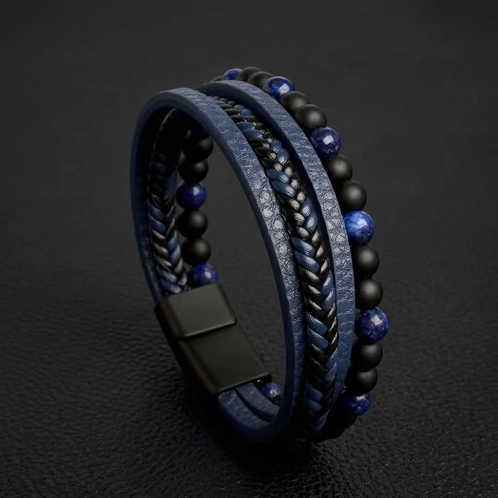 blue layered agate beads leather bracelet for men in Pakistan