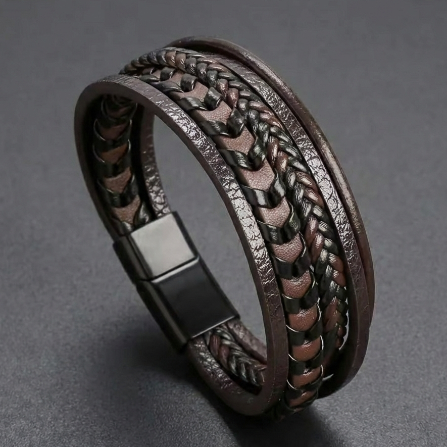 brown braided layered leather bracelet for men online in Pakistan