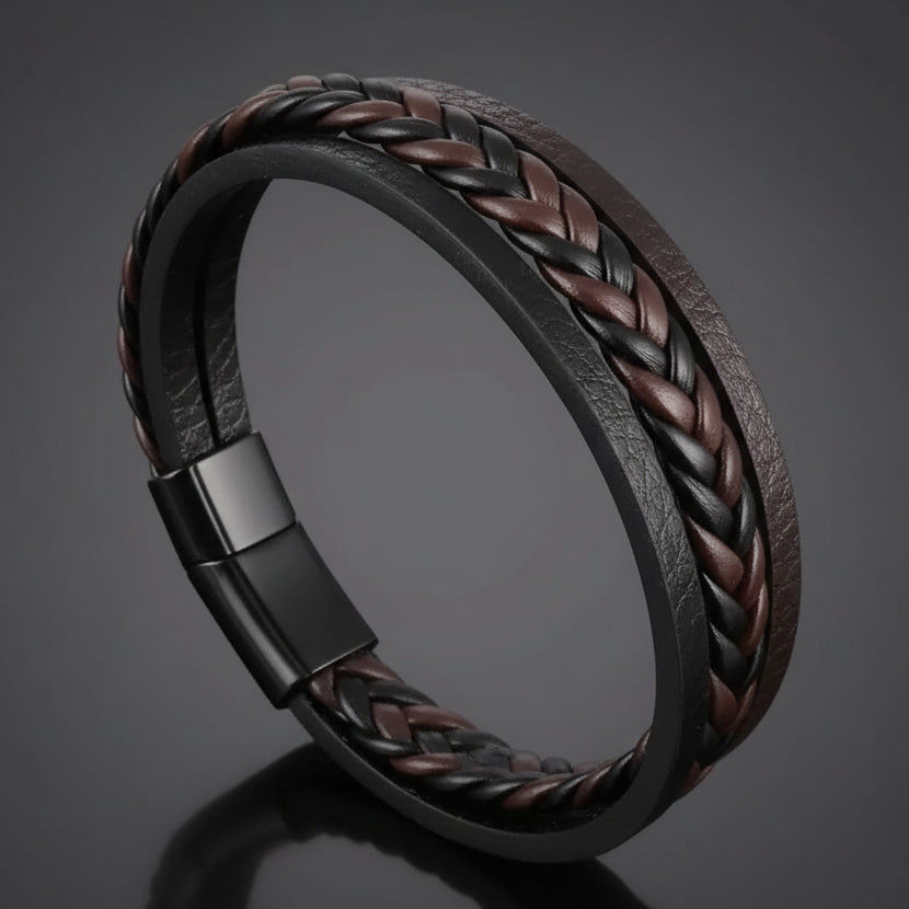 brown braided layered leather bracelet for men online in Pakistan