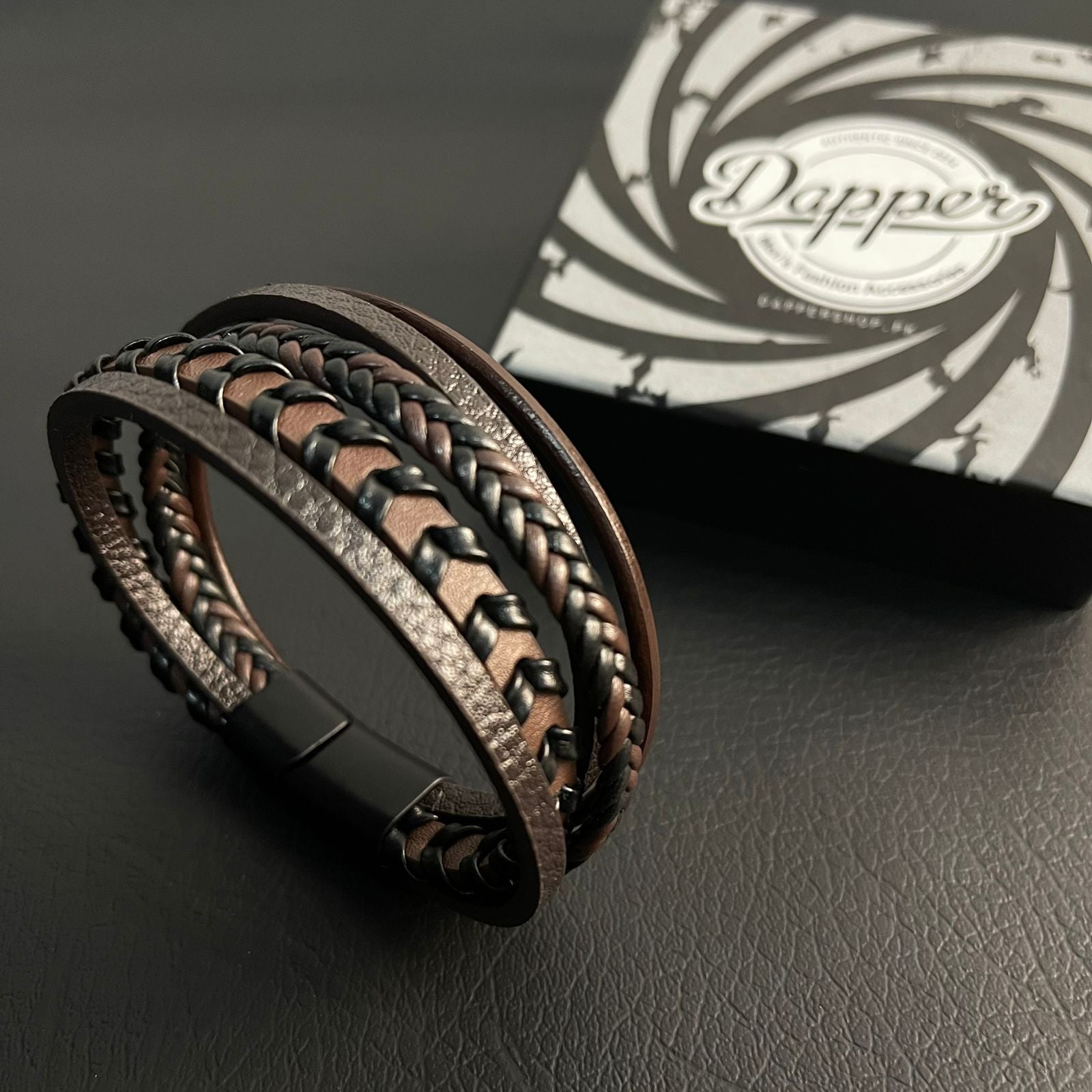 brown braided layered leather bracelet for men online in Pakistan
