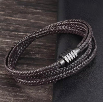 brown layered leather bracelet for men