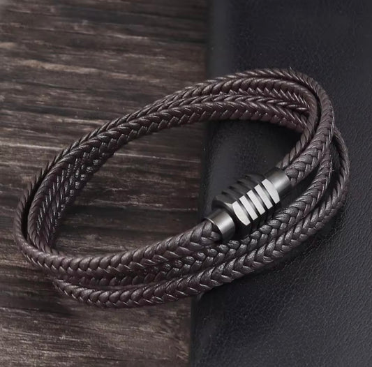 brown layered leather bracelet for men
