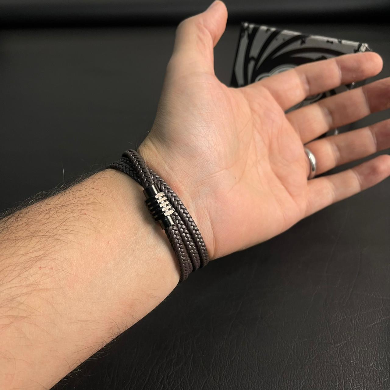 brown layered leather bracelet for men