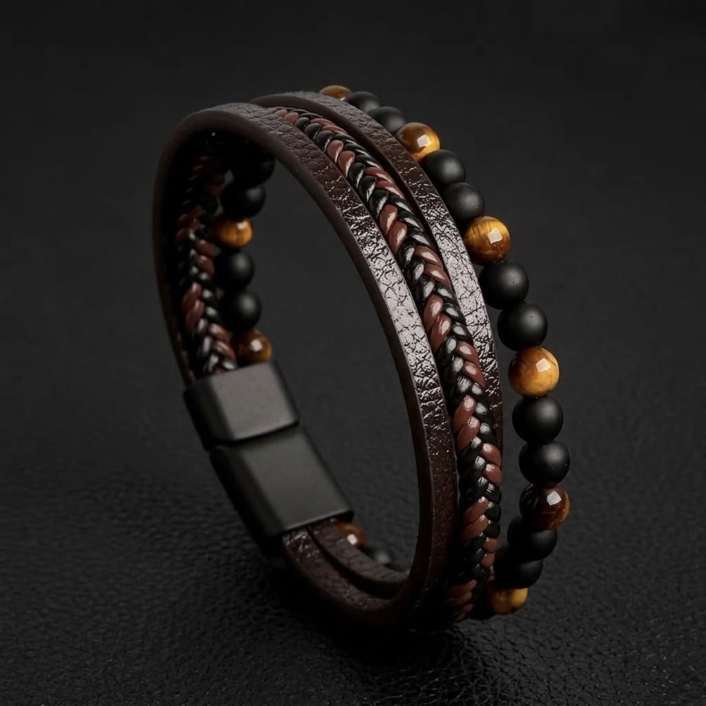 brown layered tiger eye beads leather bracelet for men in Pakistan