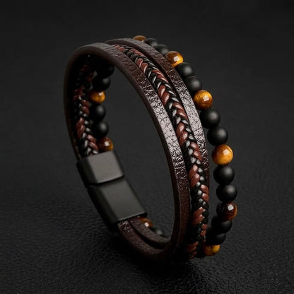 brown layered tiger eye beads leather bracelet for men in Pakistan