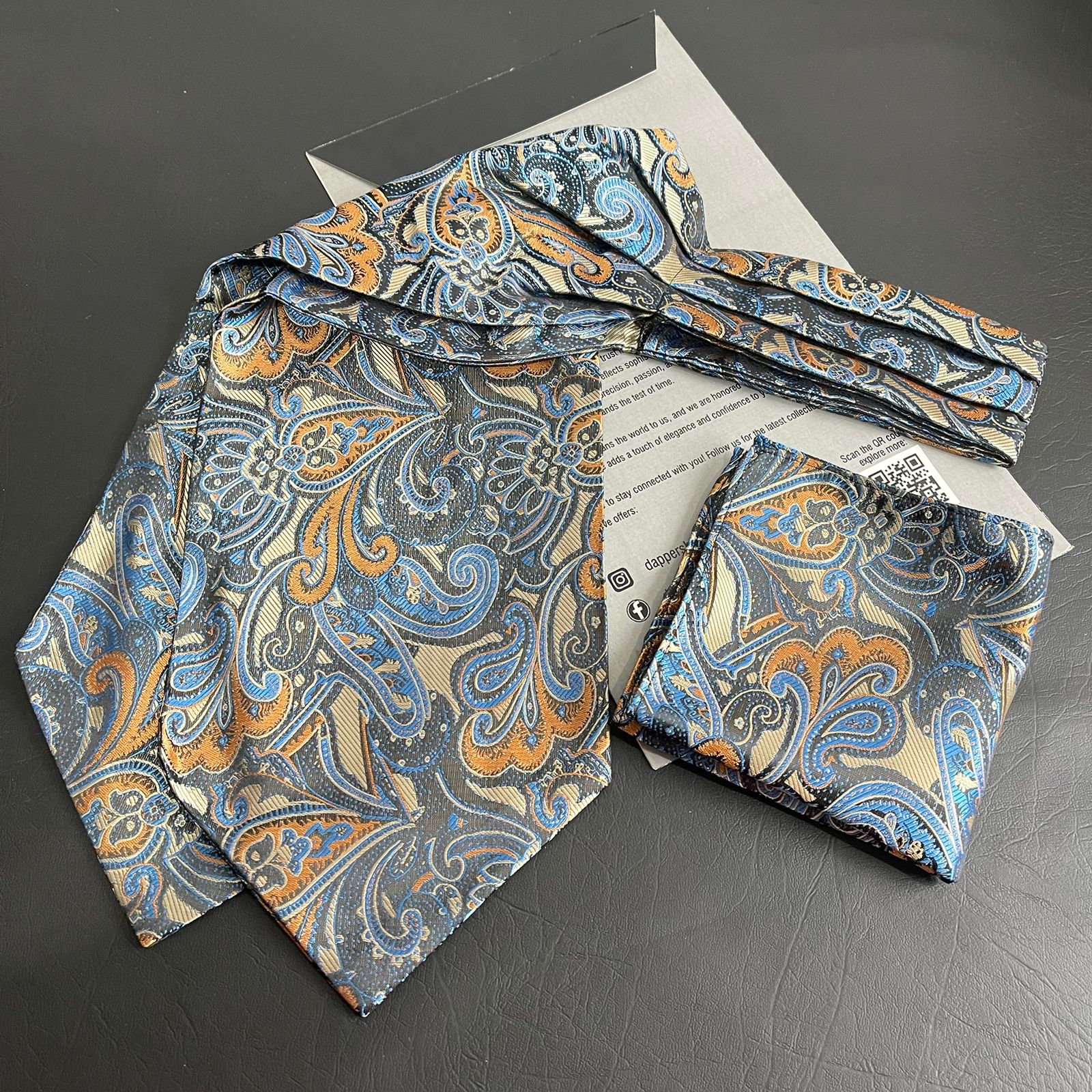 floral men's ascot tie, jacquard cravat tie and pocket square set online in Pakistan 