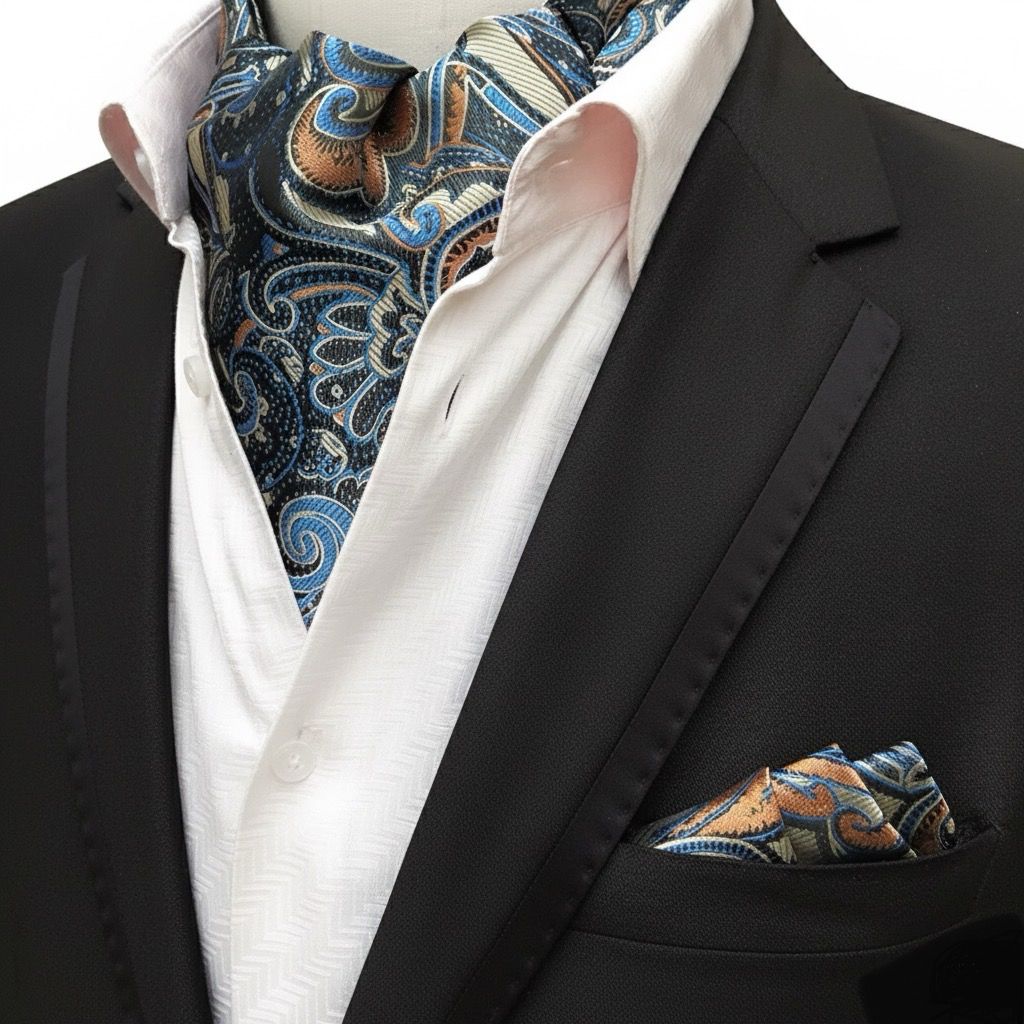 floral men's ascot tie, jacquard cravat tie and pocket square set online in Pakistan 