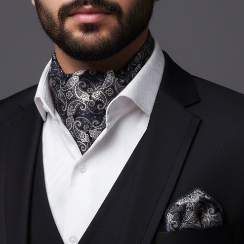 golden and black Paisley Ascot Tie, cravat tie and pocket square for men online in Pakistan