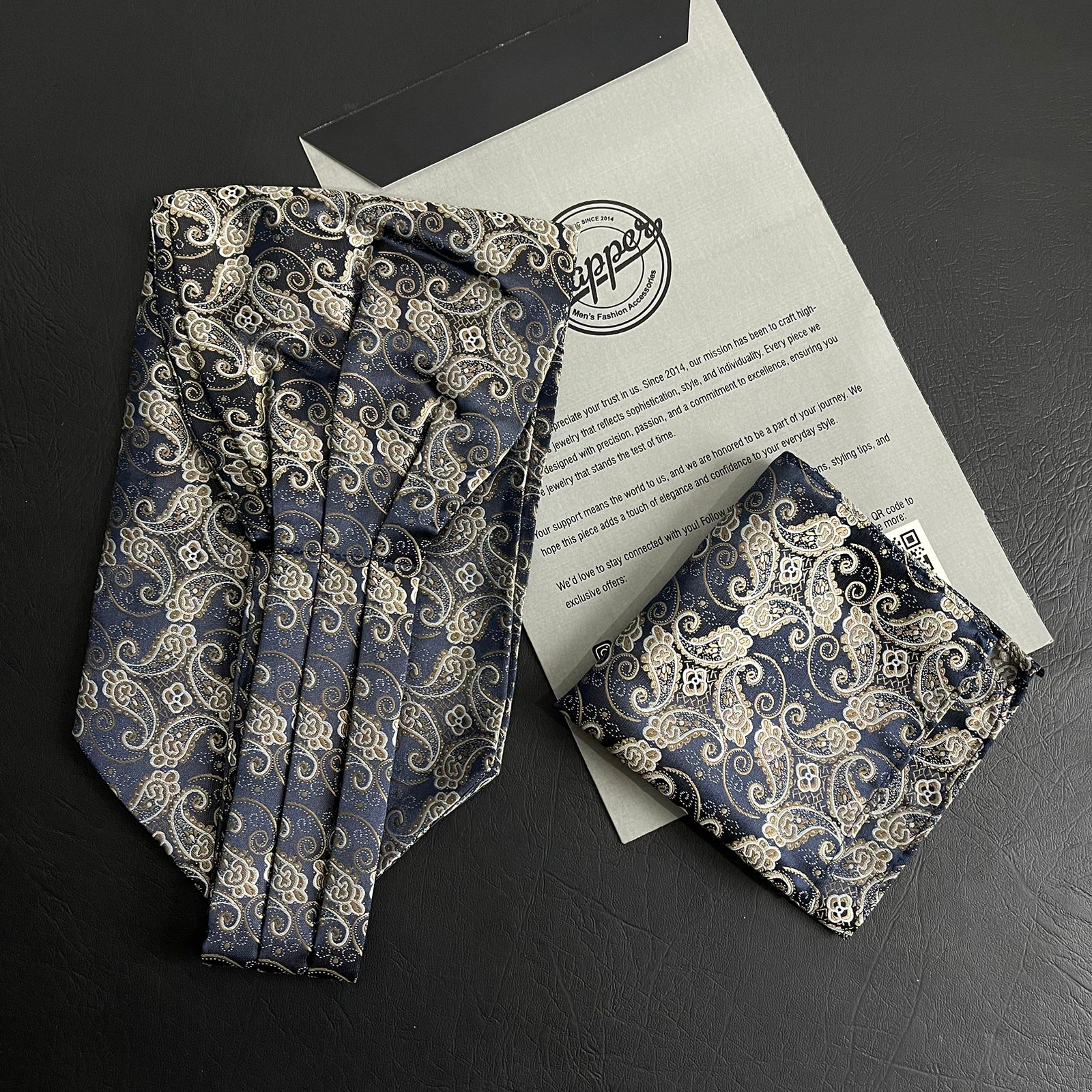 golden and black Paisley Ascot Tie, cravat tie and pocket square for men online in Pakistan
