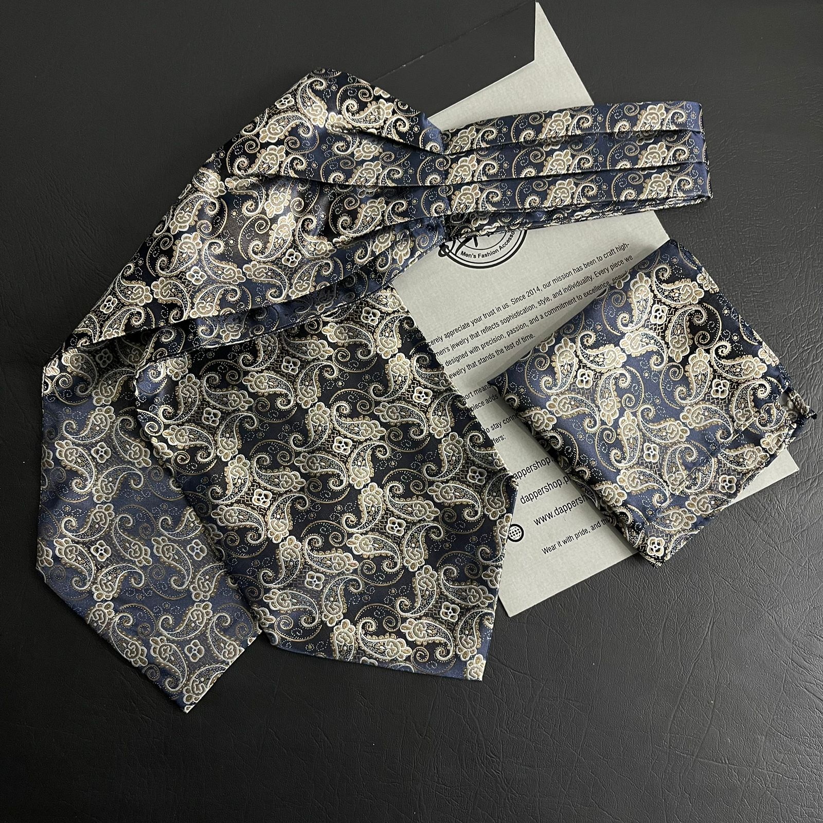 golden and black Paisley Ascot Tie, cravat tie and pocket square for men online in Pakistan