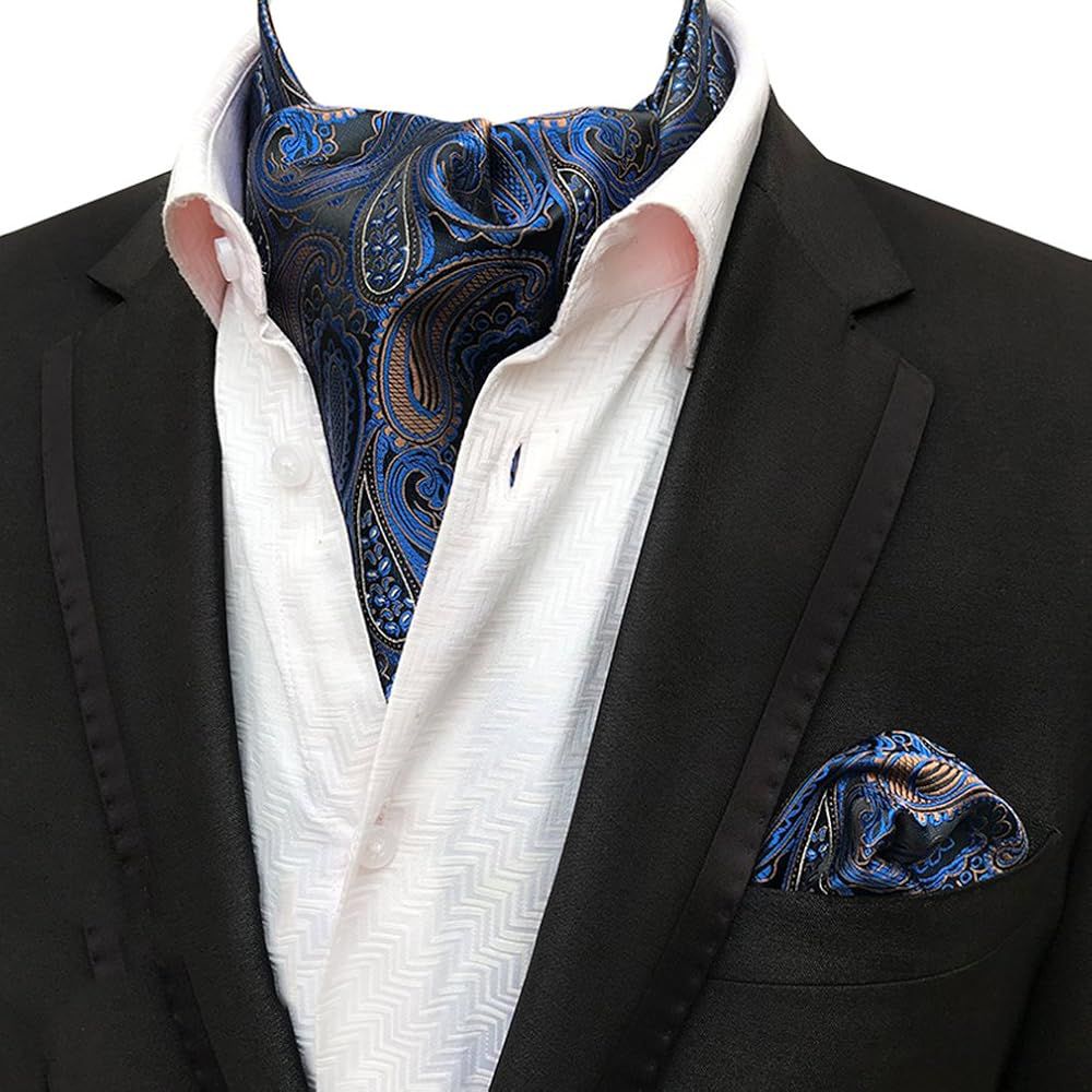 golden and blue Paisley Ascot Tie, cravat tie and pocket square for men online in Pakistan
