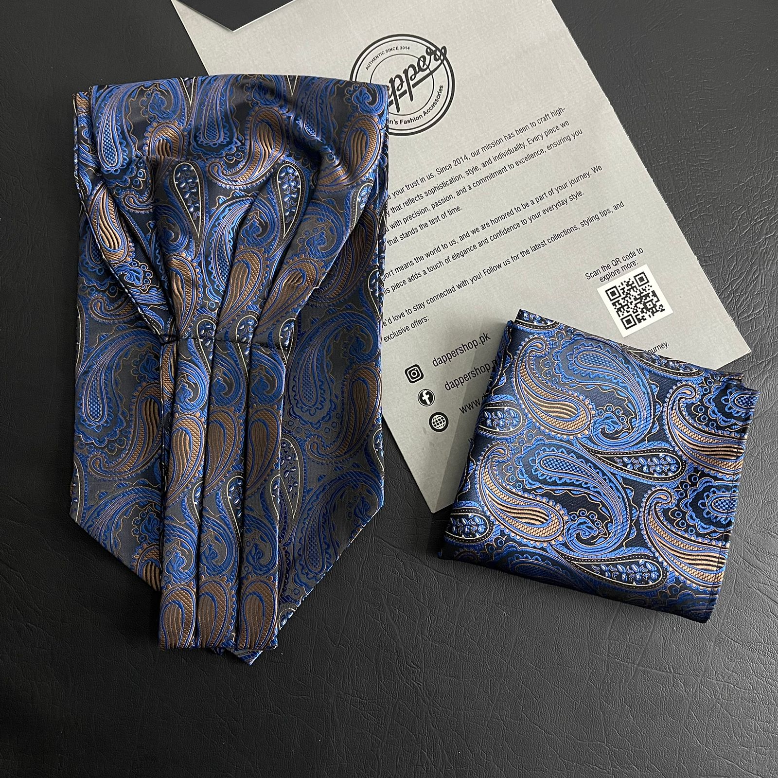 golden and blue Paisley Ascot Tie, cravat tie and pocket square for men online in Pakistan
