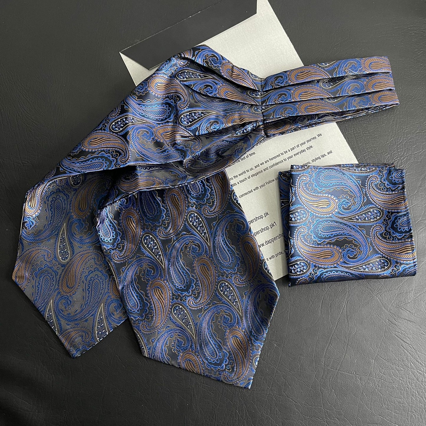 golden and blue Paisley Ascot Tie, cravat tie and pocket square for men online in Pakistan