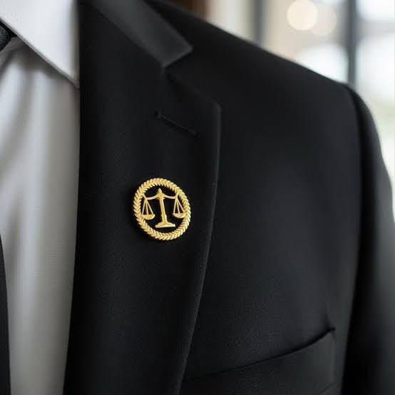 A close-up of a black suit jacket worn by a person, featuring a small gold-tone circular lapel pin with a balanced scales of justice symbol on the left lapel, over a white dress shirt.