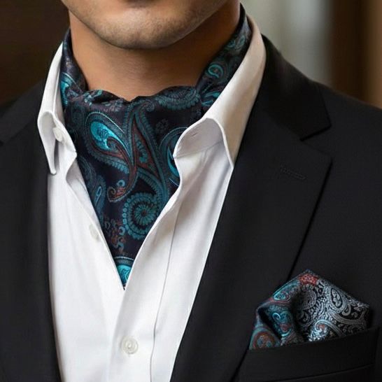 green Paisley Ascot Tie, cravat tie and pocket square for men online in Pakistan