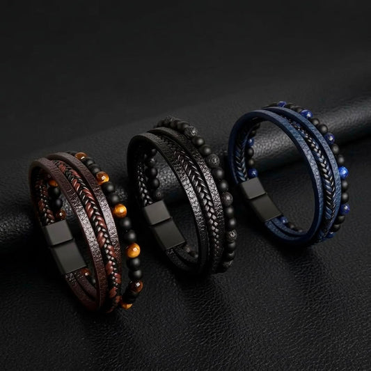layered beaded leather bracelets for men online in Pakistan