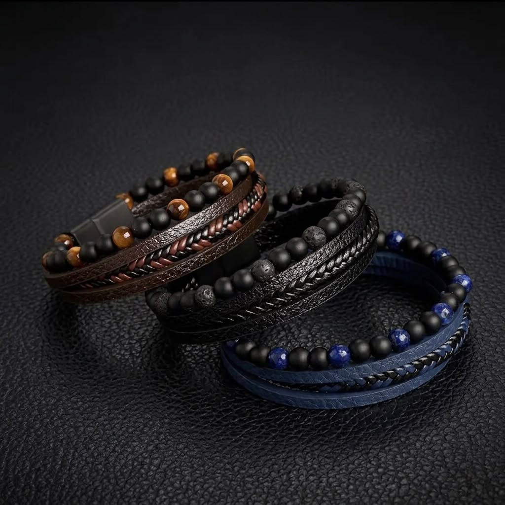 layered beaded leather bracelets for men online in Pakistan