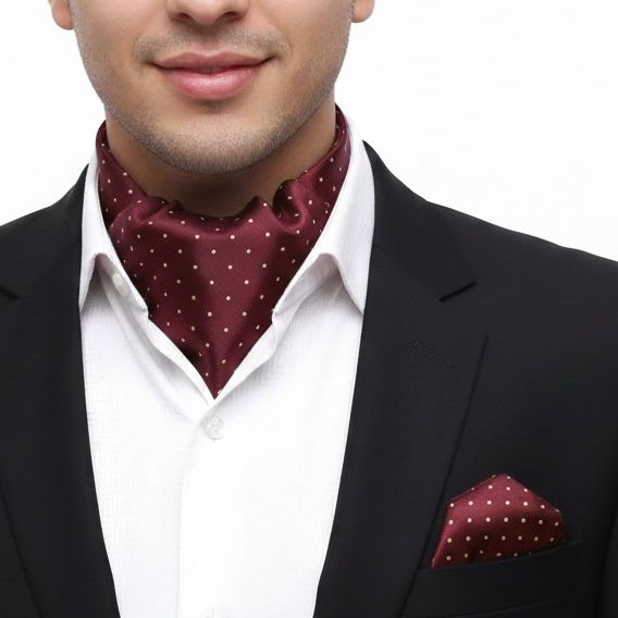 maroon polka dots jacquard cravat ascot tie and pocket square set for men online in Pakistan