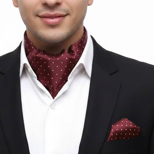 maroon polka dots jacquard cravat ascot tie and pocket square set for men online in Pakistan