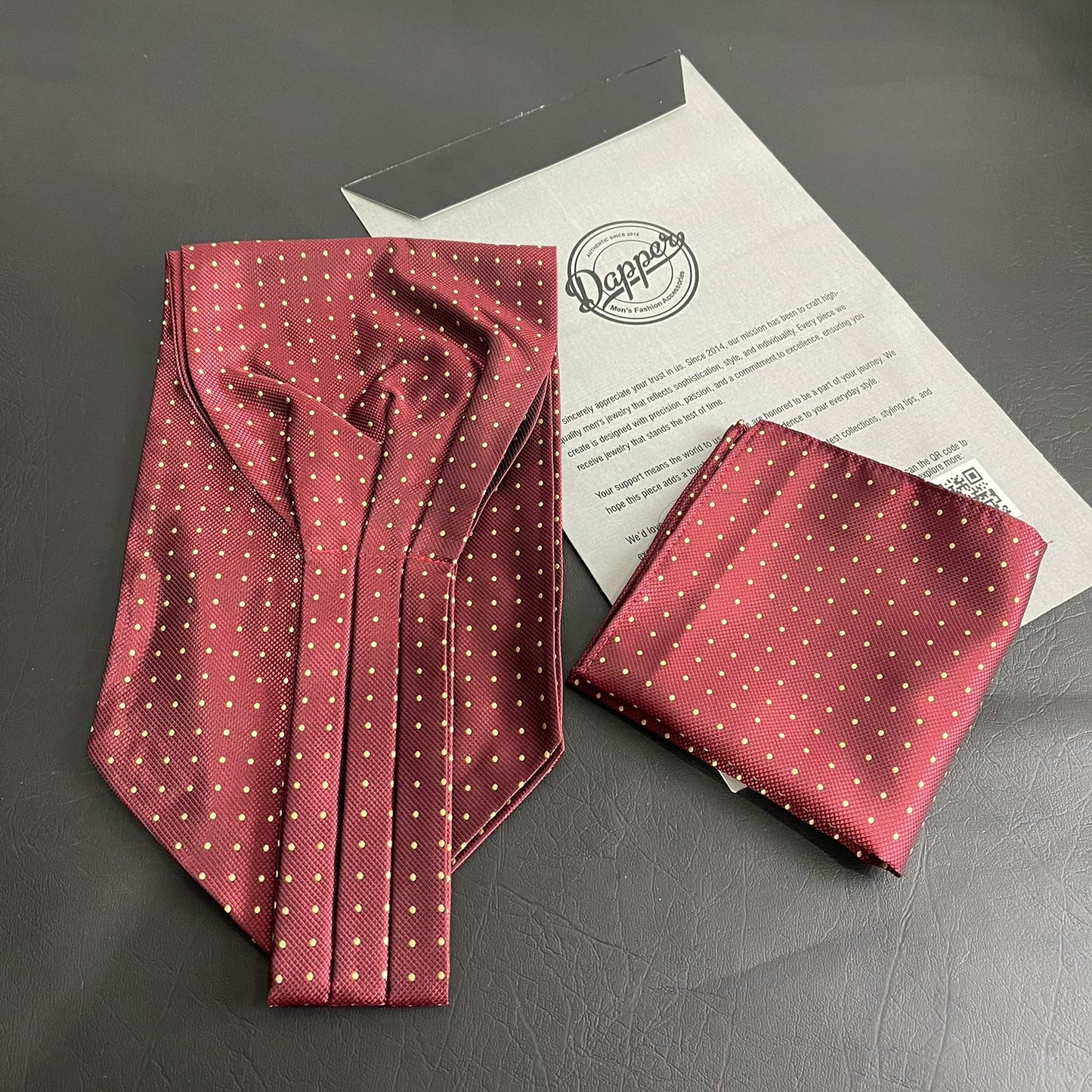 maroon polka dots jacquard cravat ascot tie and pocket square set for men online in Pakistan