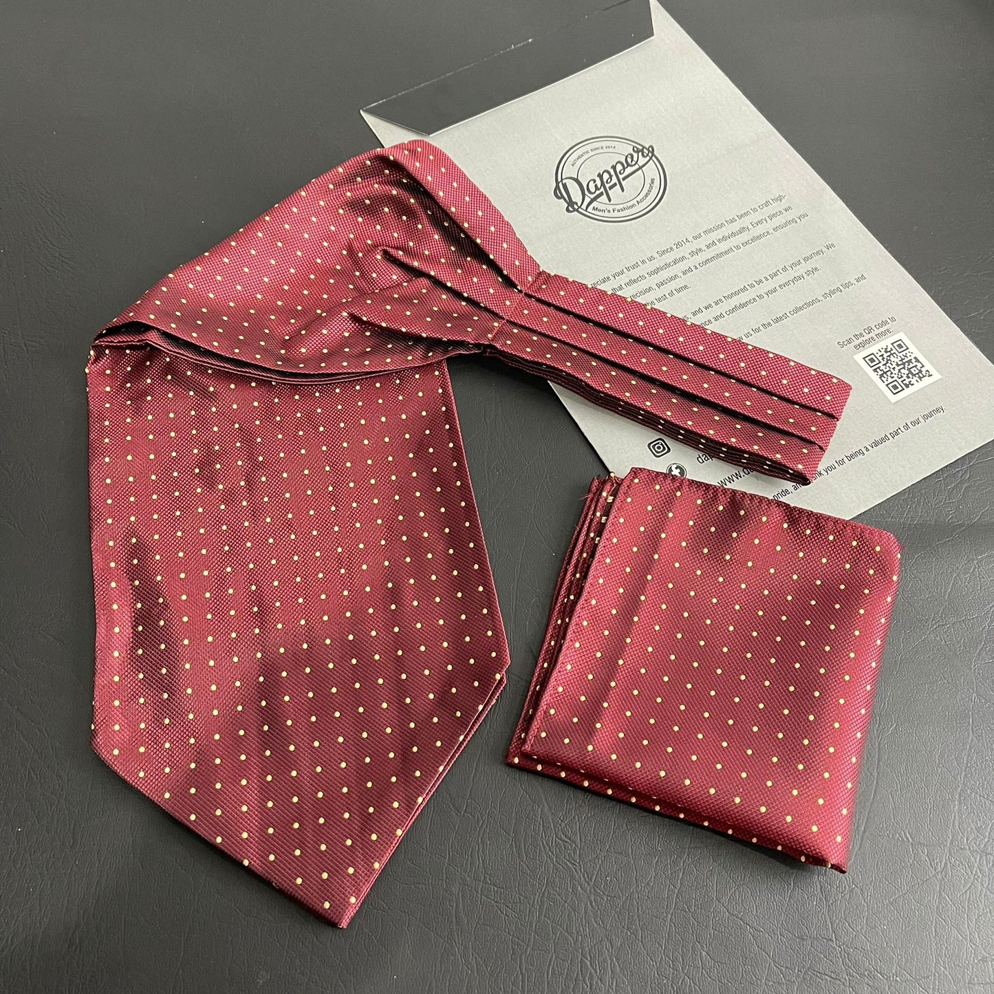 maroon polka dots jacquard cravat ascot tie and pocket square set for men online in Pakistan