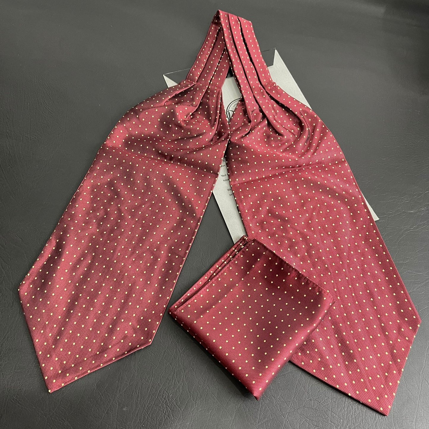 maroon polka dots jacquard cravat ascot tie and pocket square set for men online in Pakistan