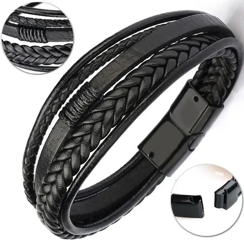 multi layered black leather bracelet for men online in pakistan