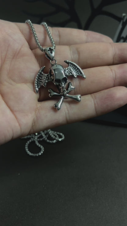 Antique Silver Skull Wings Pendant Necklace