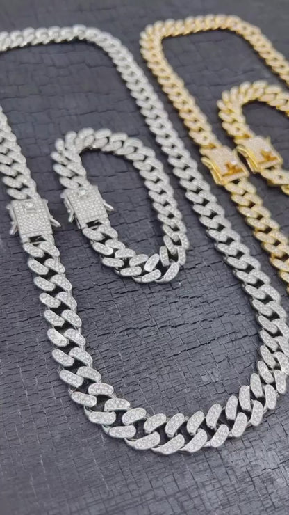 13mm Silver Iced Out Miami Cuban Neck Chain And Bracelet Set