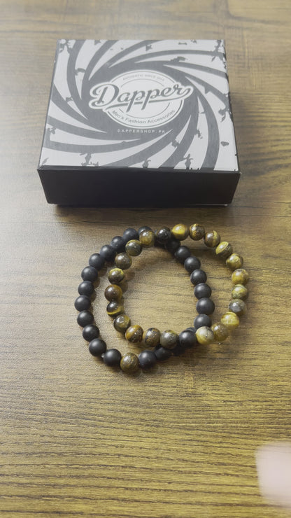 Tiger Eye & Black Agate Energy Stone Beads Distance Bracelet Set Couple Bracelet